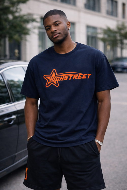 FINAL SALE HIGH STREET T-SHIRT (NAVY/ORANGE)