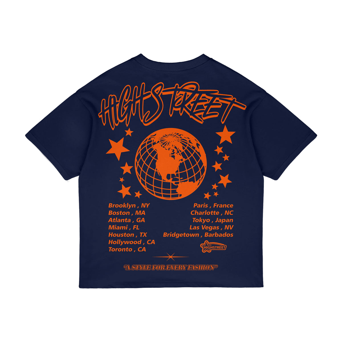 FINAL SALE HIGH STREET T-SHIRT (NAVY/ORANGE)
